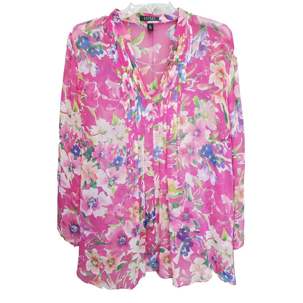 Lauren Ralph Lauren Silk Sheer Pintucked Pink Floral Trumpet Sleeve Tunic Sz 2X